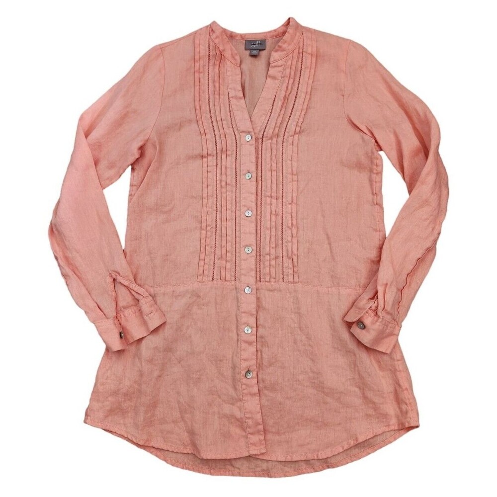 J Jill Womens XS 100% Linen Top Button Up Shirt Long Sleeve Tunic Peach